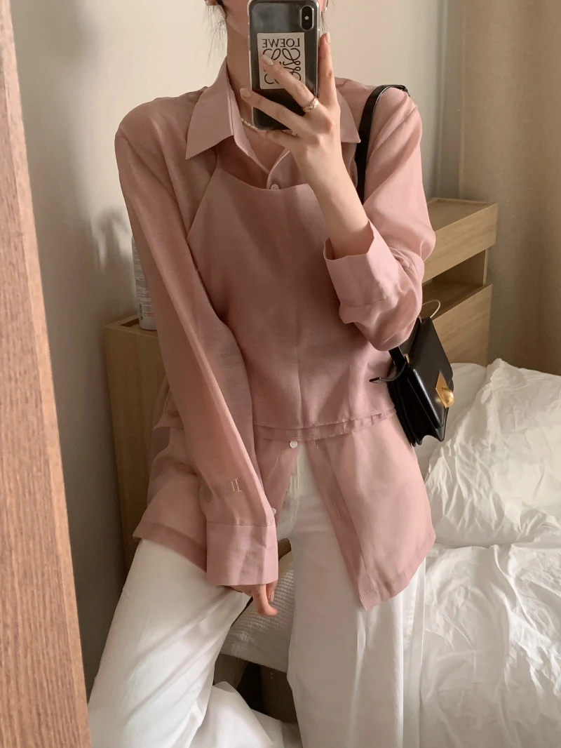 Korean style Elegant Lapel Layered Camisole Two-Piece Set Textured Long Sleeve Shirt & Top - 3 Colors