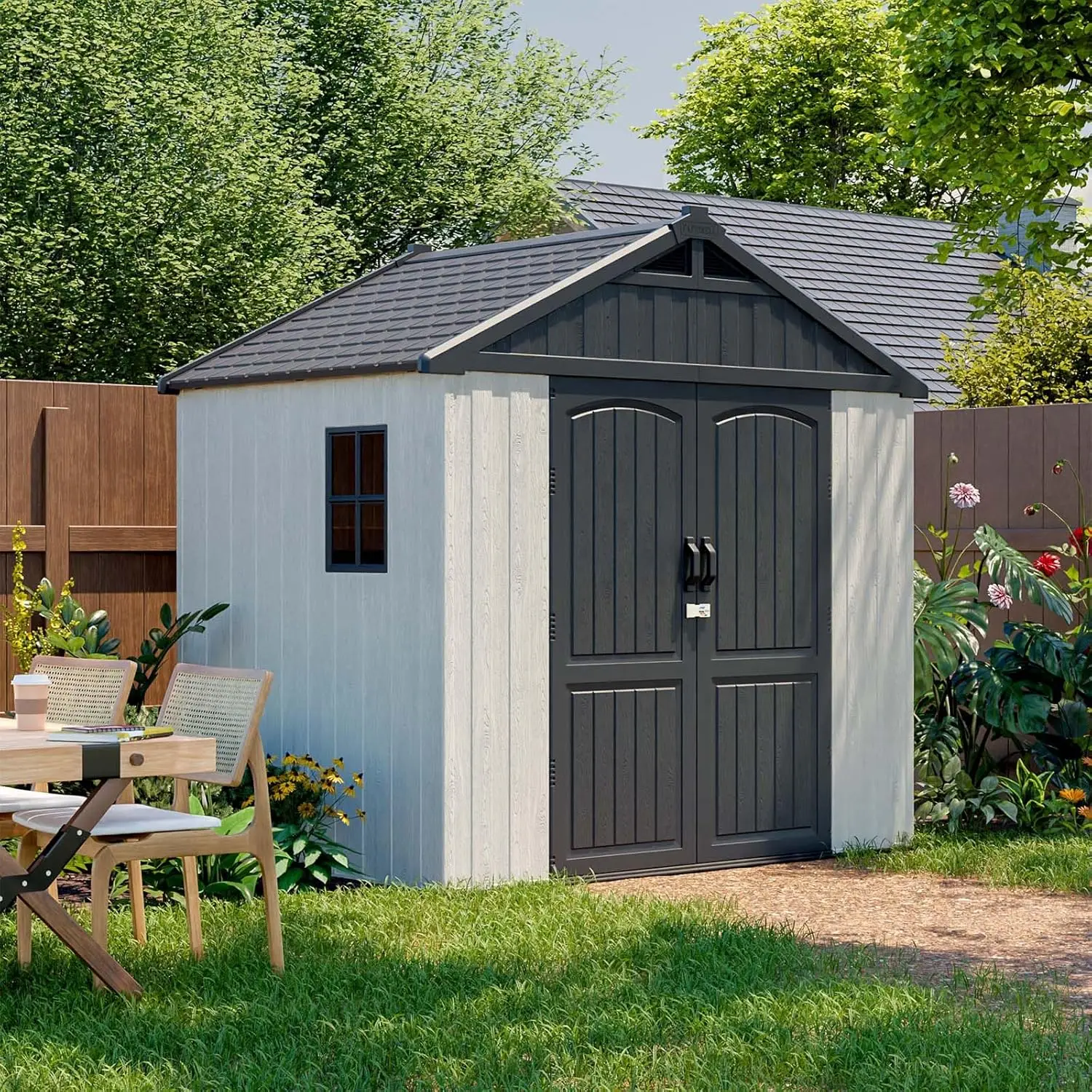 8x6 FT Outdoor Storage Shed Plastic Shed Resin Garden Shed with Floor & Window & Lockable Door for Patio Furniture