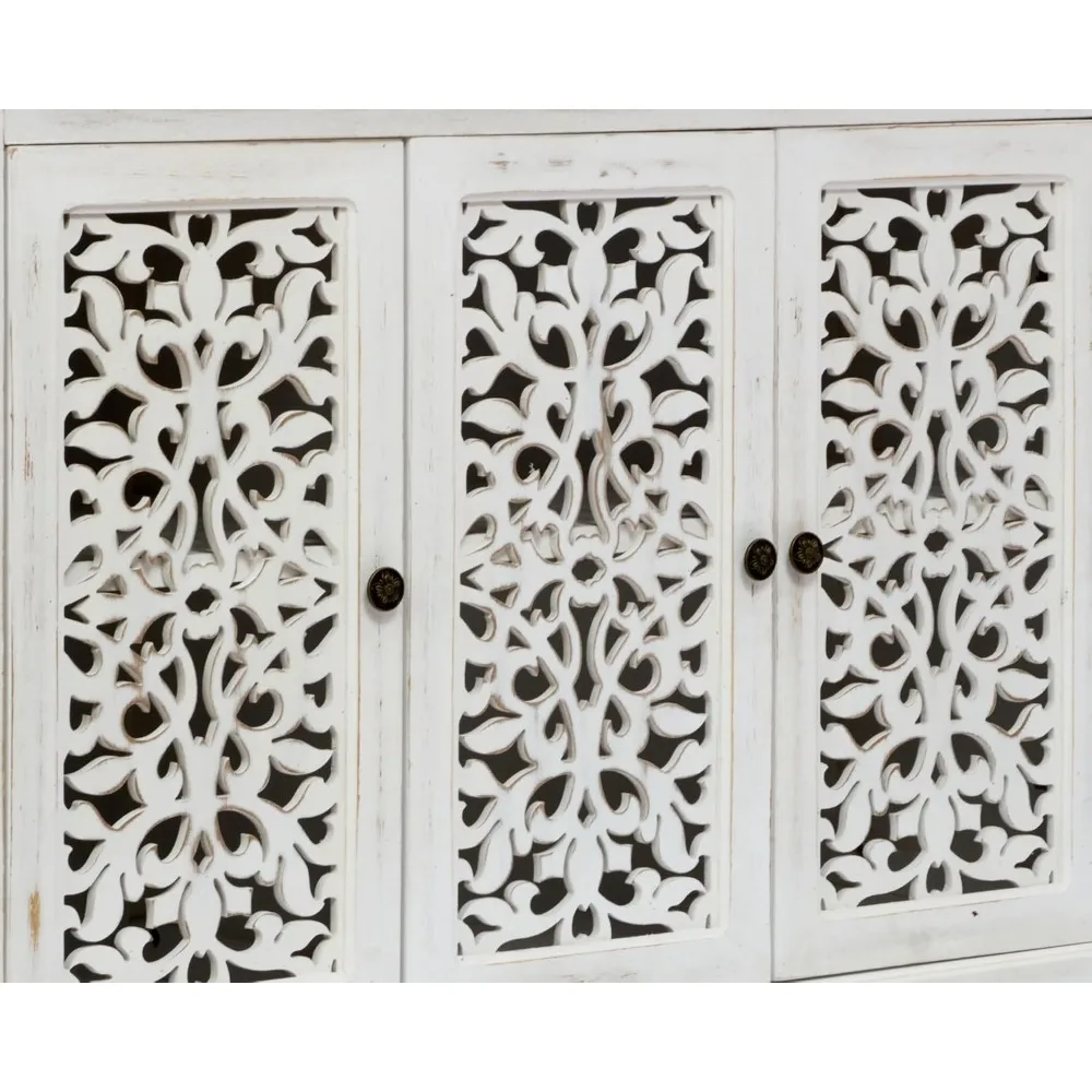 44 خزانة بوفيه جانبية، تخزين لهجة المزرعة مع 3 أبواب منحوتة مجوفة لغرفة المعيشة/الطعام، مطبخ عتيق مع