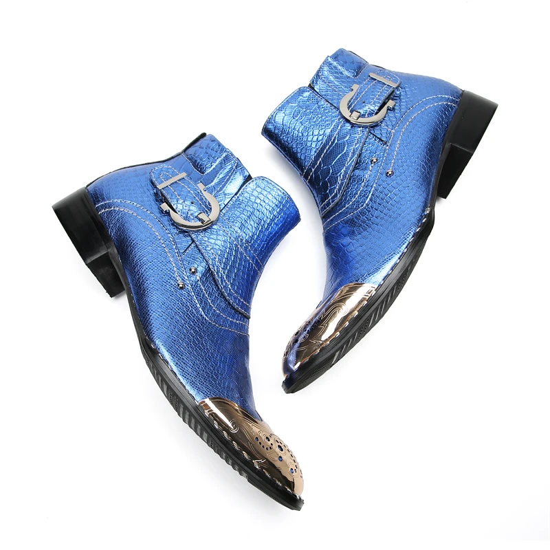 Coogerlove Punk-Stil Männer blau Echt leder Stiefel Metall quadratische Zehen Schnalle Niet Motorrad Stiefel Winter männliche Party Stiefel – Detail 9