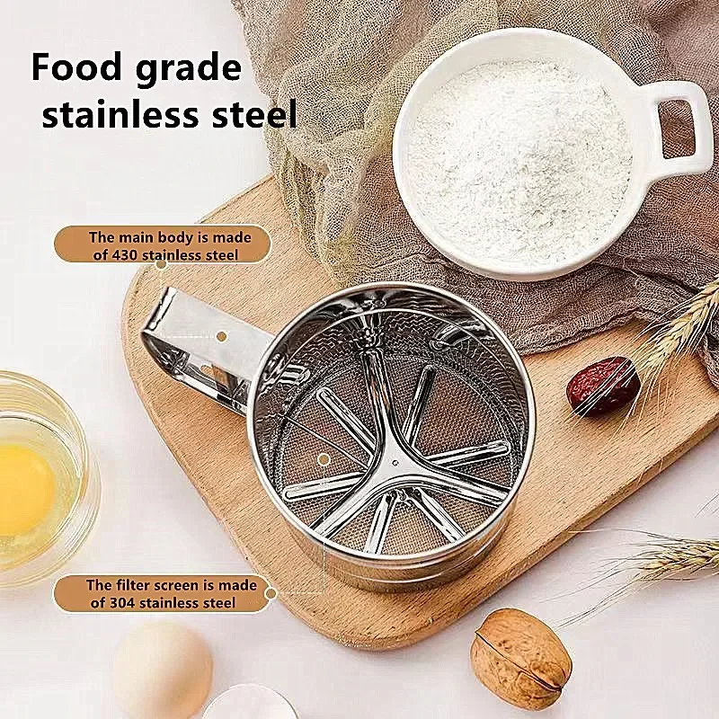 Stainless Steel Flour Sifter Handheld Semi-Automatic Pressing Flour Sieve Cup Flour Sugar Powder Shaker Filter Baking Supplies