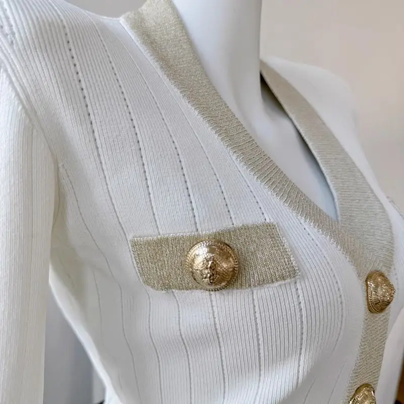 Spring Autumn Coat Slim Knitted Cardigan Women Metal Buttons Design Sweaters Soft Long Sleeve Tops Outerwear Chic Knitwear New