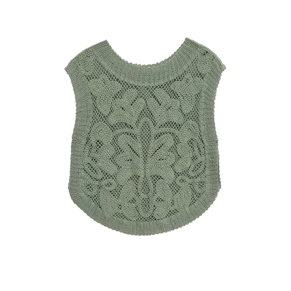 PB&ZA2024 autumn new women\'s casual temperament fashionable solid color crochet round neck sleeveless knitted vest