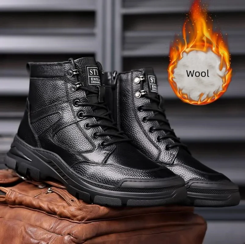 Men's Fall and Winter Wool Warm Leather Shoes Padded Thickened Casual Men's High-top Shoes Outdoor Sports Snow Boots