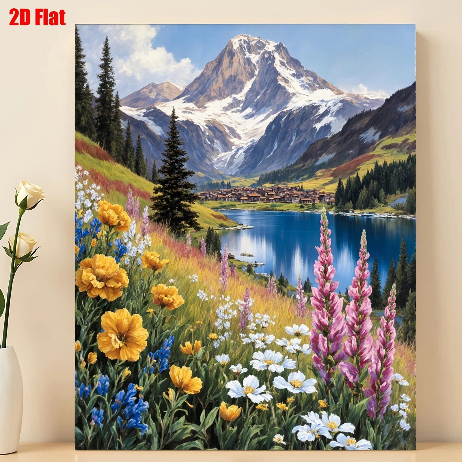 Professional Art Use A Beginner-Friendly Paint-By-Numbers Kit Featuring a Stunning Lakeside Village Scene Set Against Snow-Cappe