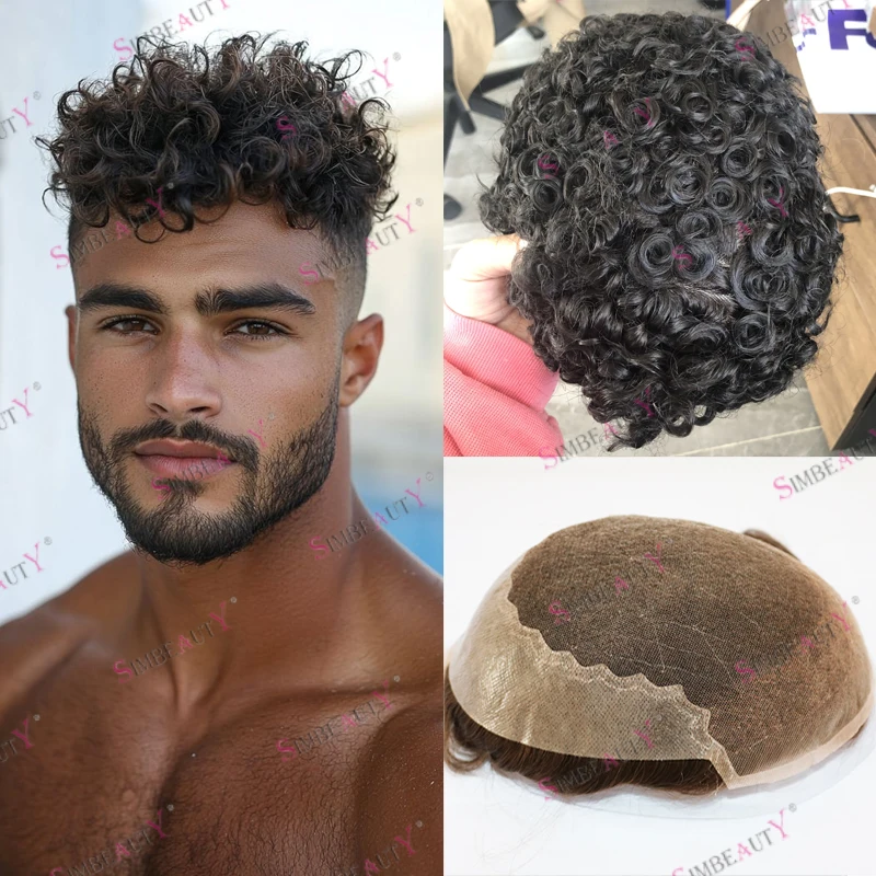 

18 мм вьющиеся дышащие мужские парики из натуральных волос, невидимые удобные Q6, швейцарские кружевные передние и пышные отбеливающие узлы, мужские парики