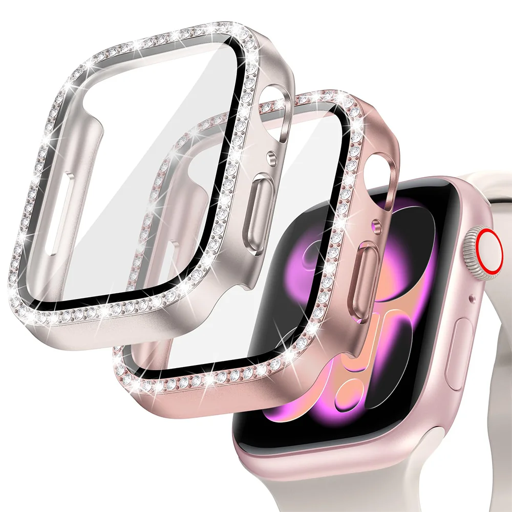 Diamond Case+Glass For Apple watch series 11 10 9 8 7 6 5 4  46mm 42mm 44mm-40-41-45mm Bling Bumper Screen Protector Accessories