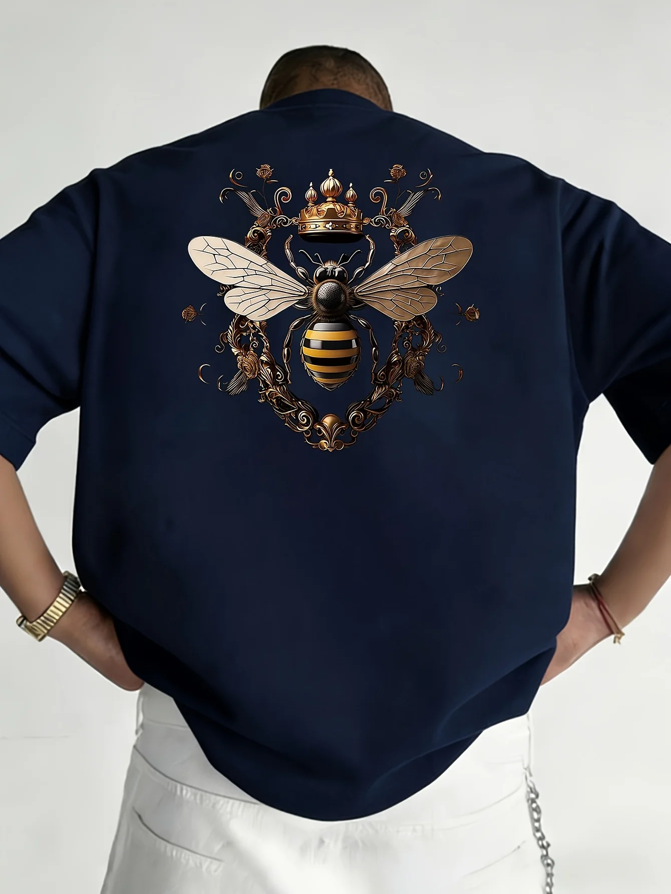Ornate Crown Bee Print with Vintage Frame on 100 Cotton Mens T Shirt Great for Summer Streetwear and Casual Elegant Outings
