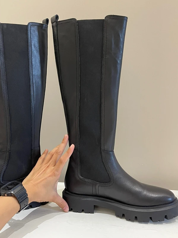 Dave&Di Fashion Girls Autumn and Winter Genuine Leather Knight Boots  High Heel Cowhide Straight Boots Elastic Boots Women