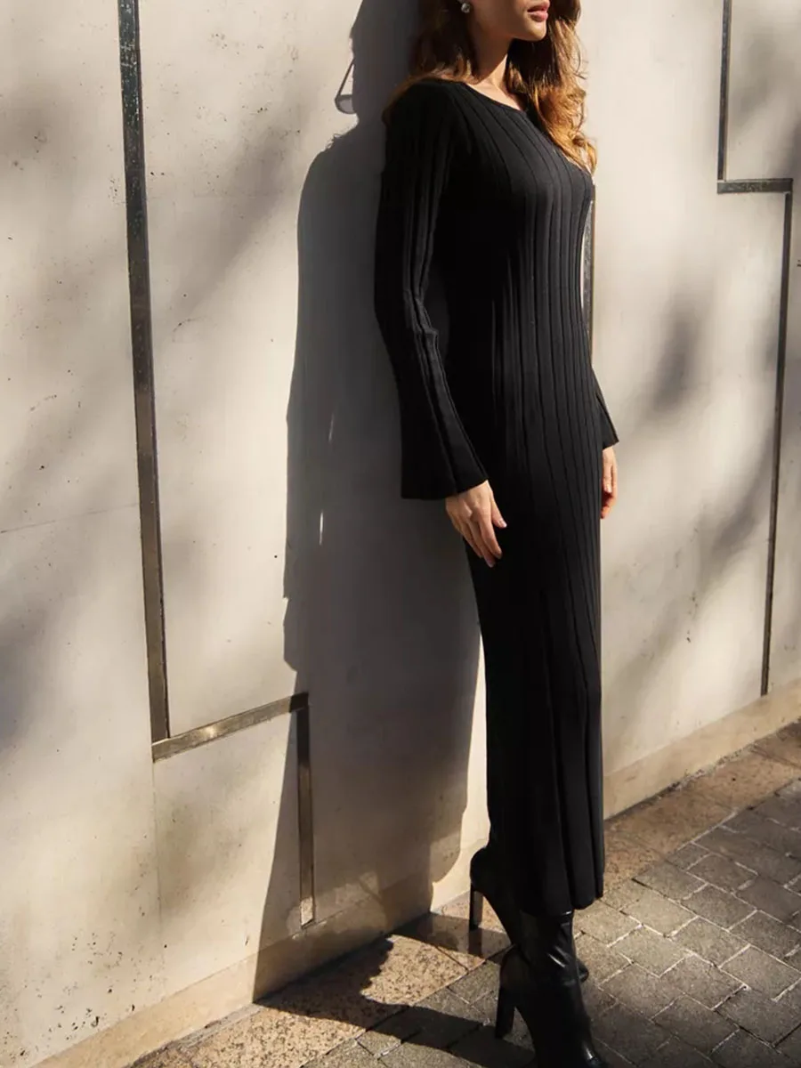 

Women's Dresses Fall Winter Knitted Stripe Split Elastic Basic Bodycon Full Length Casual Maxi Long Dresses