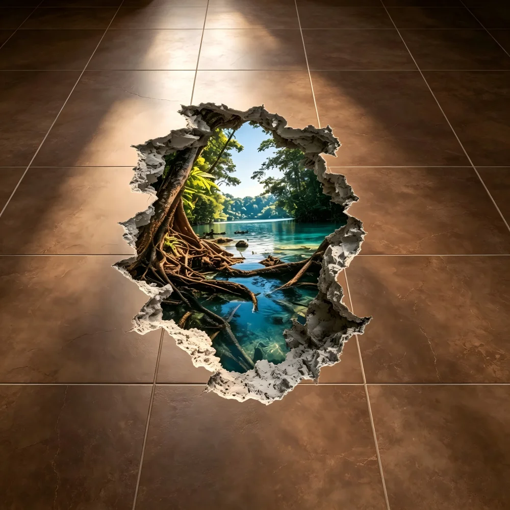 1 creative forest lake view floor sticker, landscape sticker - lake view forest perspective sticker