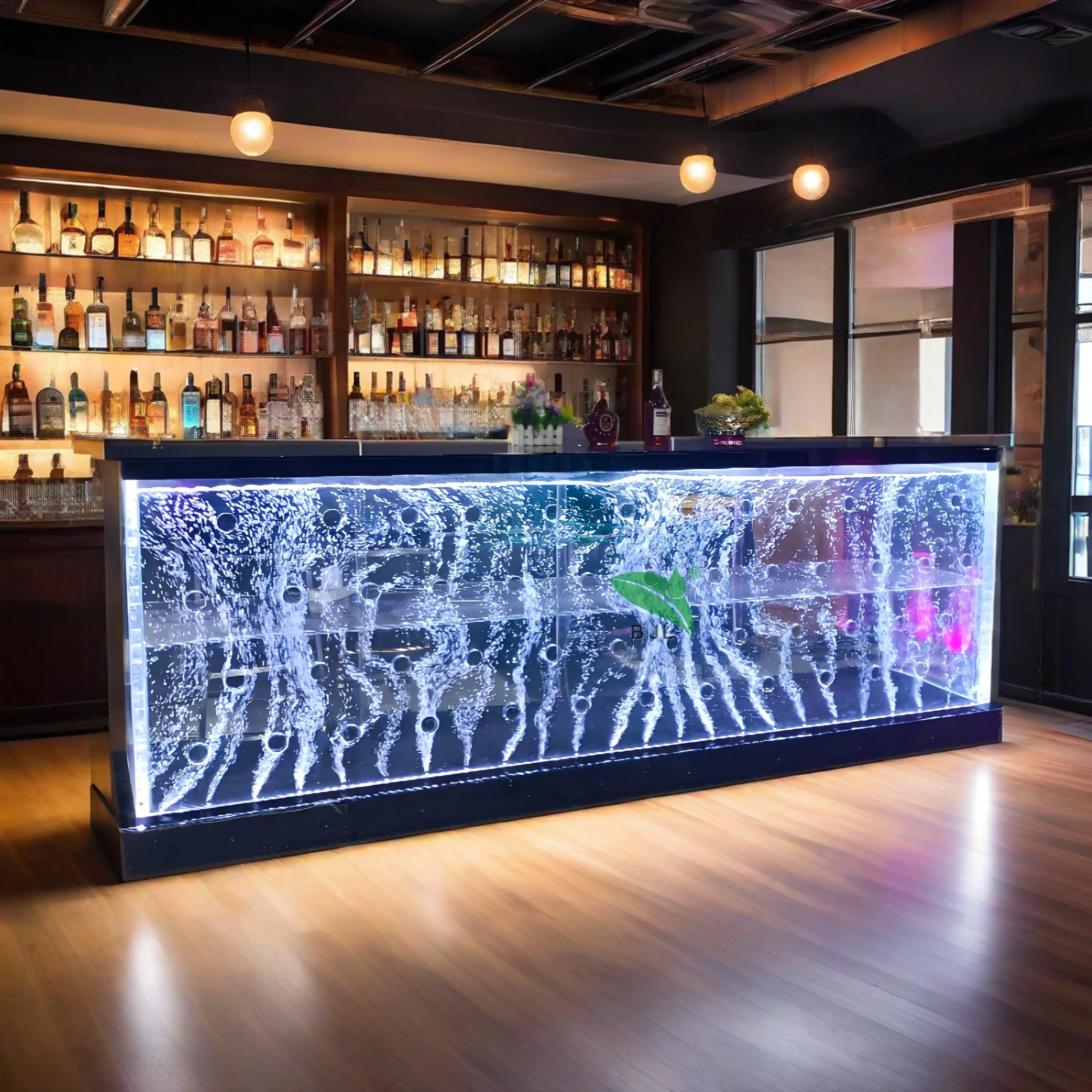 

Customization.Modern Luxury Custom Made Acrylic Furniture LED Glow Aquarium Bar Counter Cabinet Design for Night Club Restaurant