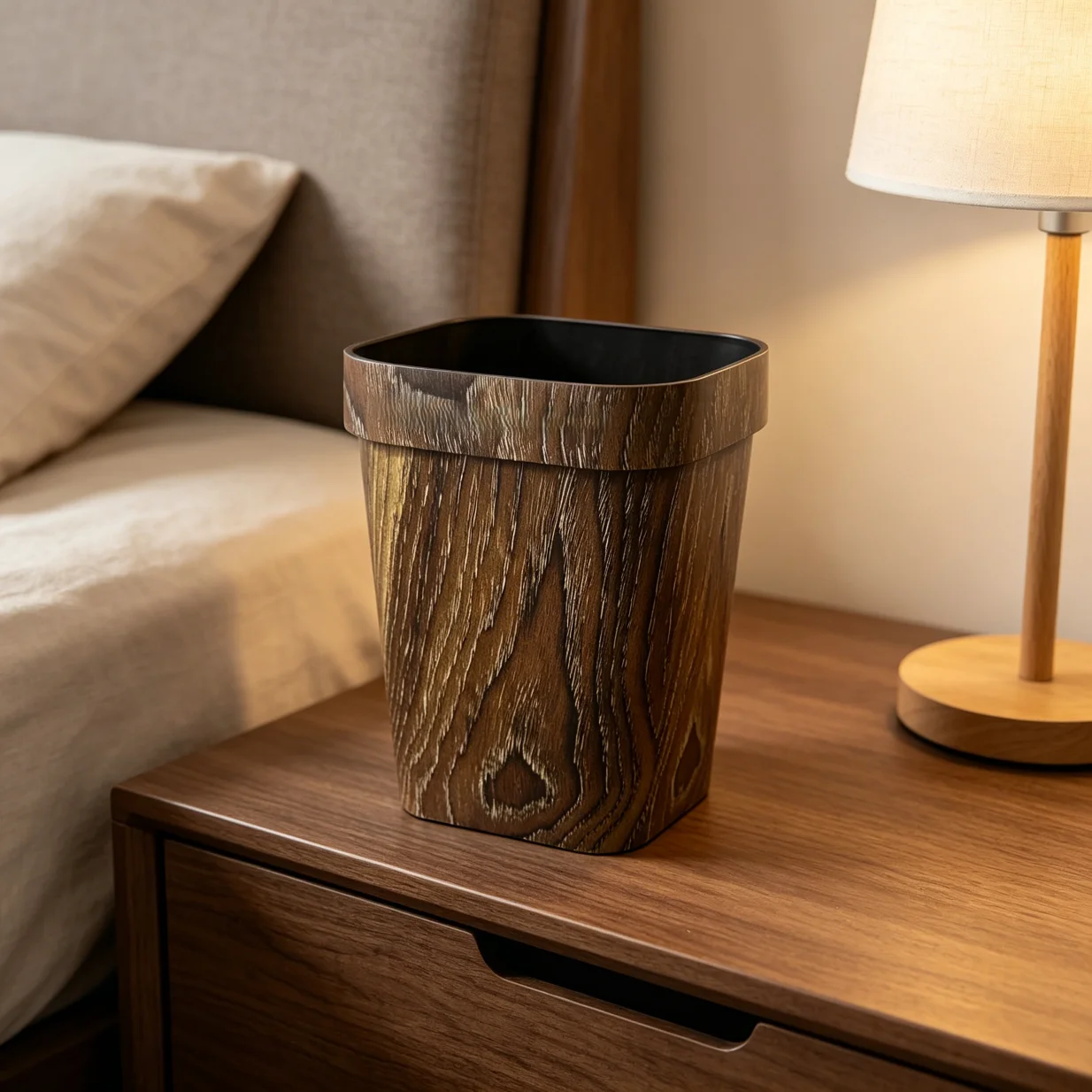 7L Wood Grain Decorative Trash Can 2 Pack, Square Waste Bin with Liner Retaining Ring for Home Bathroom Desk