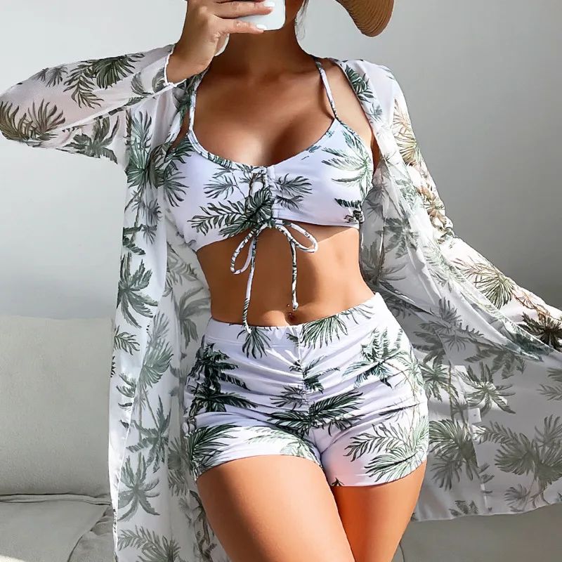 Bikini con estampado para mujer, traje de baño Sexy, ropa de playa, conjunto de Bikini de tres piezas con realce, 2024