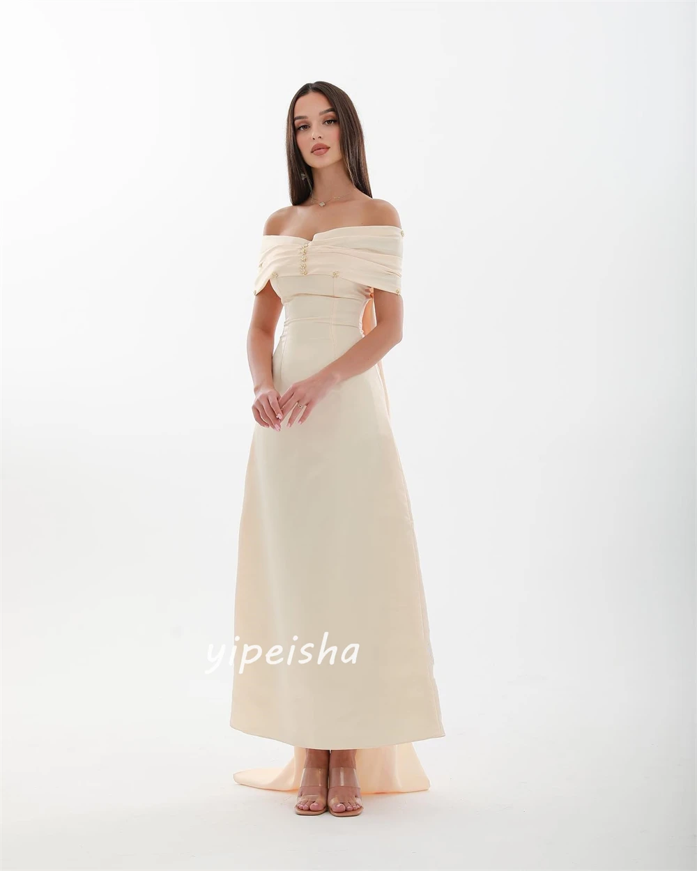 Robe de soirée en jersey plissé avec perles, tenue de soirée formelle, ligne A, épaules dénudées, sur mesure, robes mi-longues, Arabie saoudite