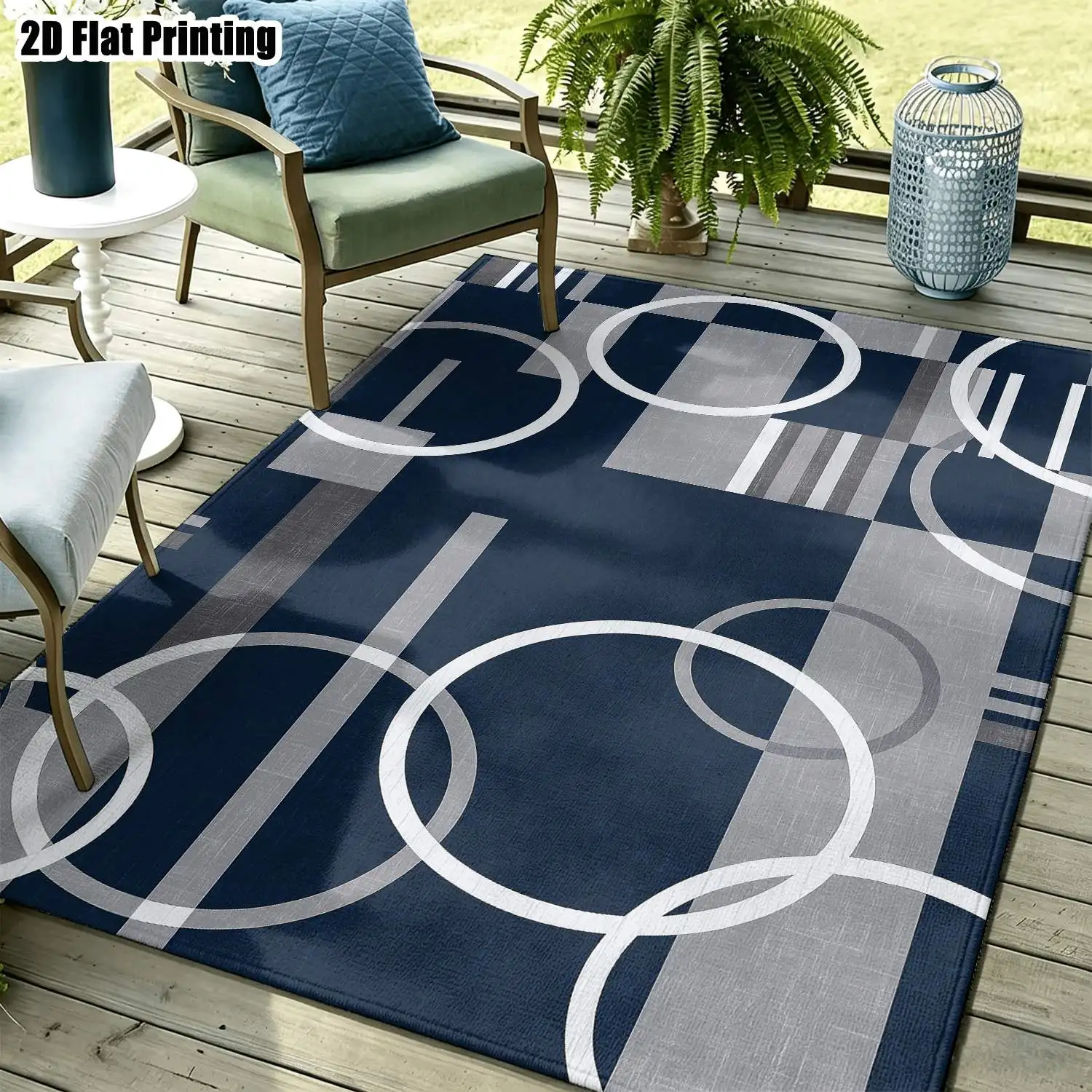 1Pc 2D Printed Blue-Grey Geometric Line Carpet, Modern Simple Nordic-Style Instagram-Inspired Floor Mat, Home Decoration, Multi-Size, Machine-Washable, for Entrance, Dining Room, Foyer, Living Room, Bedroom, Study Etc