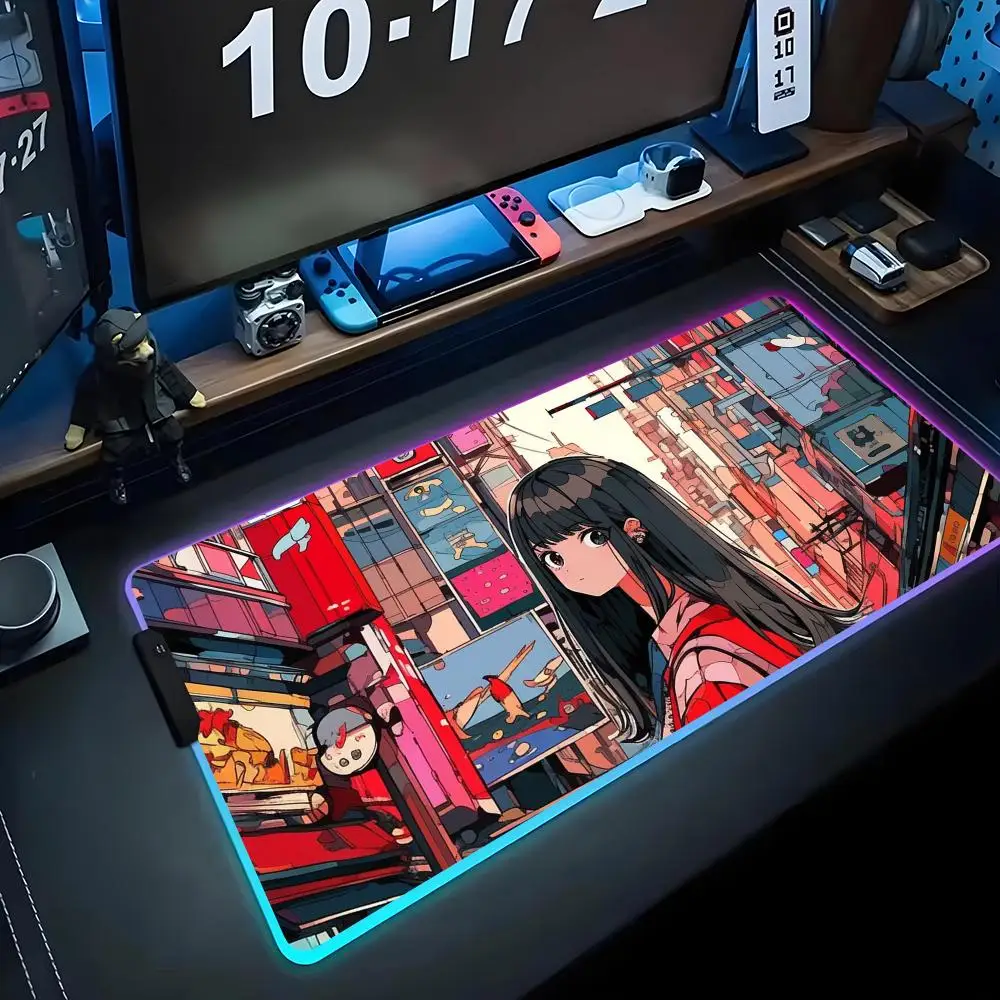 

anime girls Mouse Pad RGB Gaming Mousepad Big LED Pad PC Desk Mat Luminous Mouse Pad Large Keyboard Mats Table Rug With Backlit