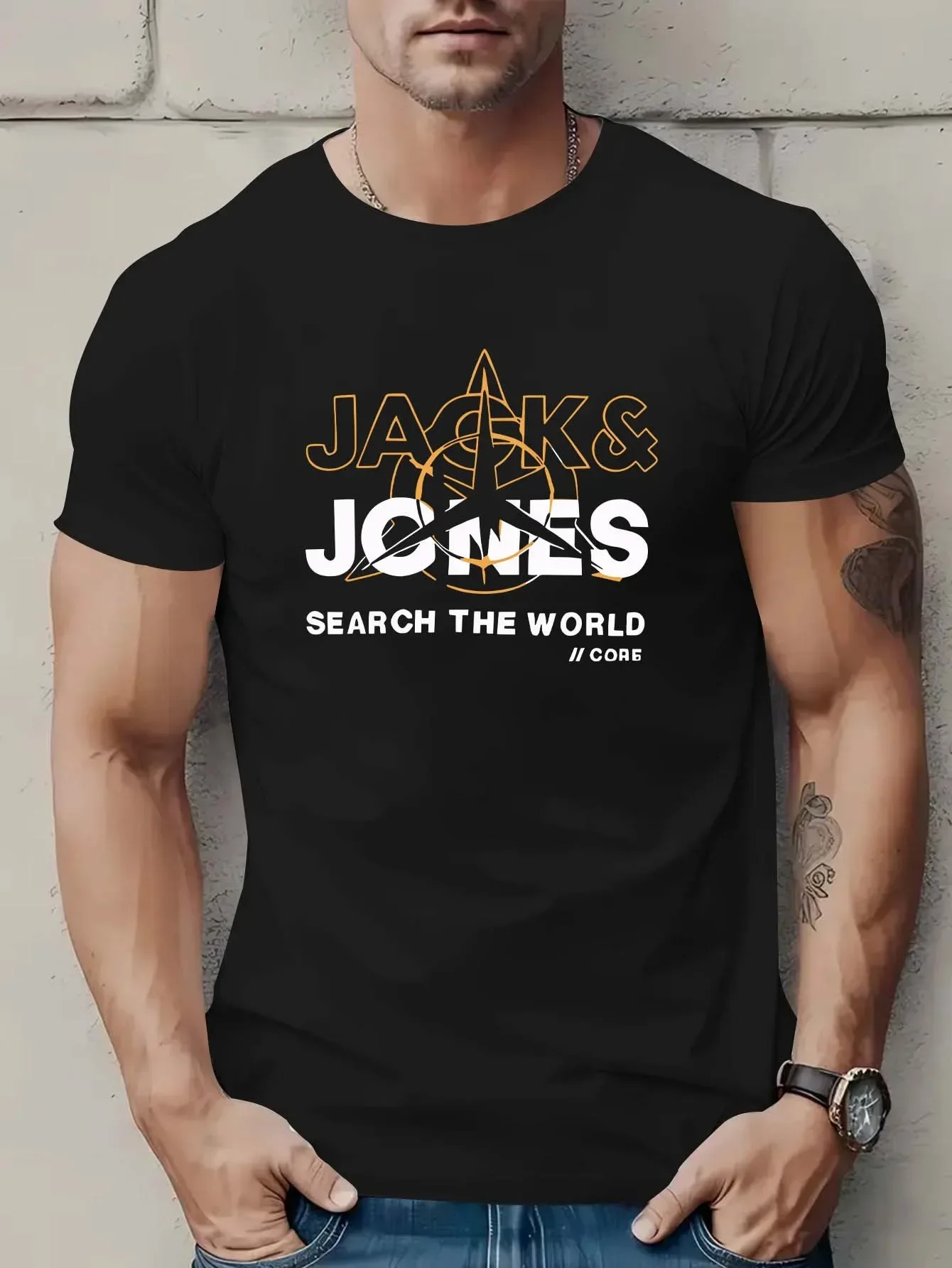 2025 hommes été JACK & JCNES motif lettre à manches courtes à la mode rue décontracté 100% pur coton T-shirt