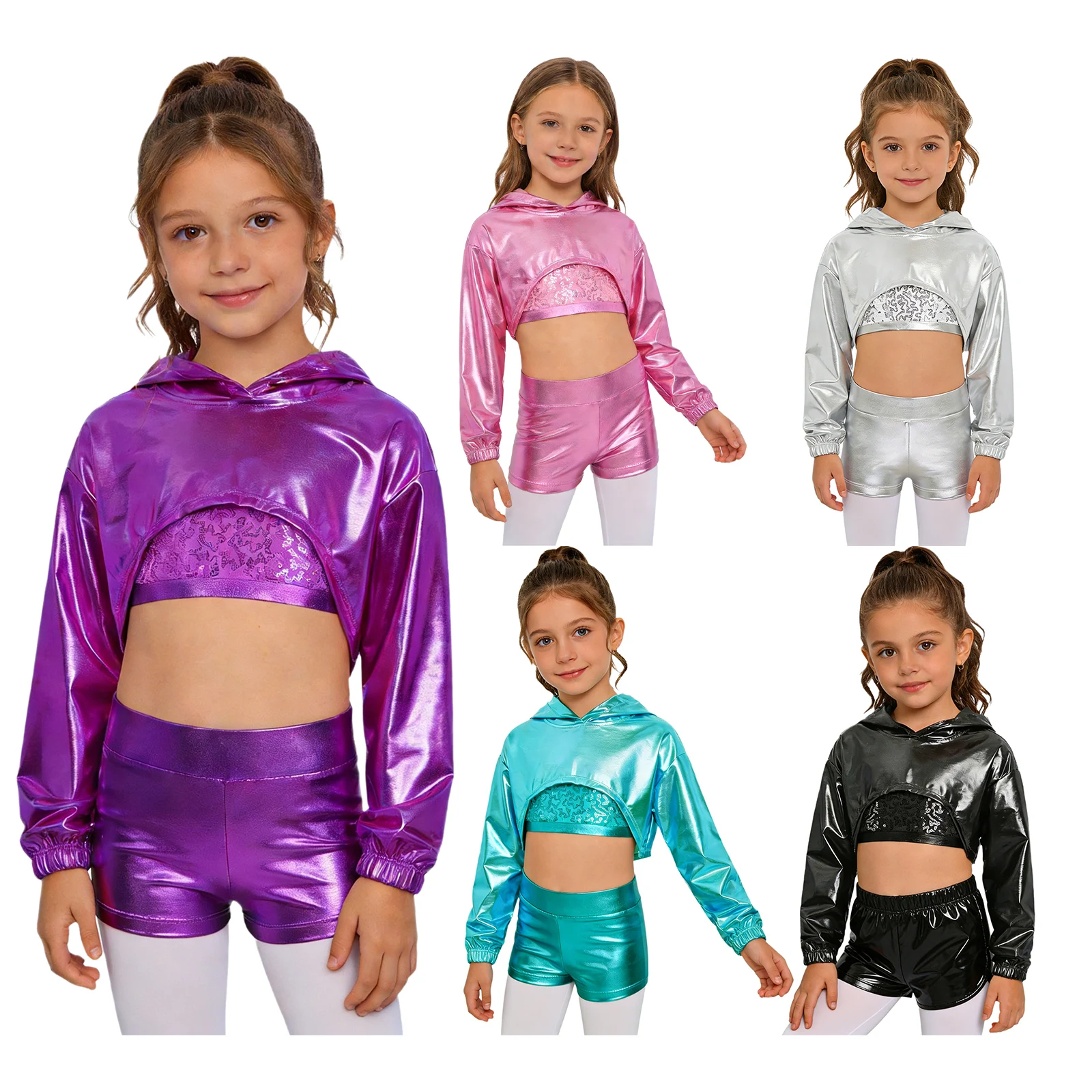 

Kids Girls Hip-Hop Jazz Cheerleading Dance Performance Costume Metallic Shiny Long Sleeve Cropped Hoodie with Sequin Vest Shorts
