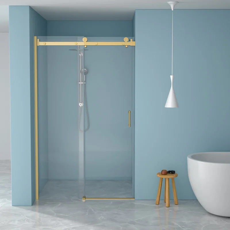 

48" W x 76" H Single-Slide Shower Door, 8mm Tempered Glass, Gold Stainless Steel Frame