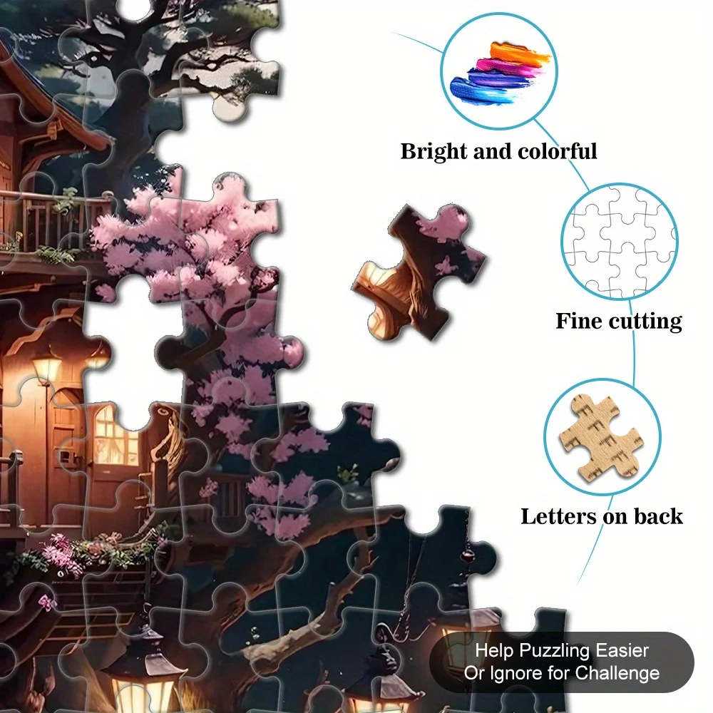 1000 قطعة من ألغاز معبد السماء الليلية اليابانية وأزهار الكرز - مستوى متقدم مقاوم للخدش مع فوانيس متوهجة وم