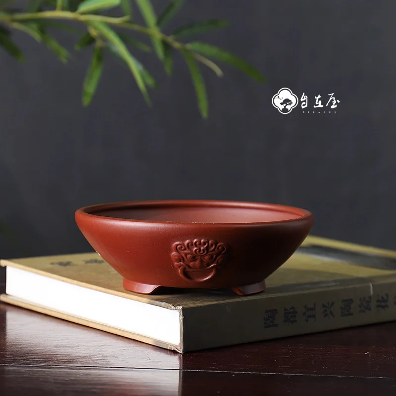 Ceramic Circle Drum-Nail Lion-Ring Bonsai Pot, Nature Color Tradition, China Dormitory Room Table, Garden Decoration, Home Table