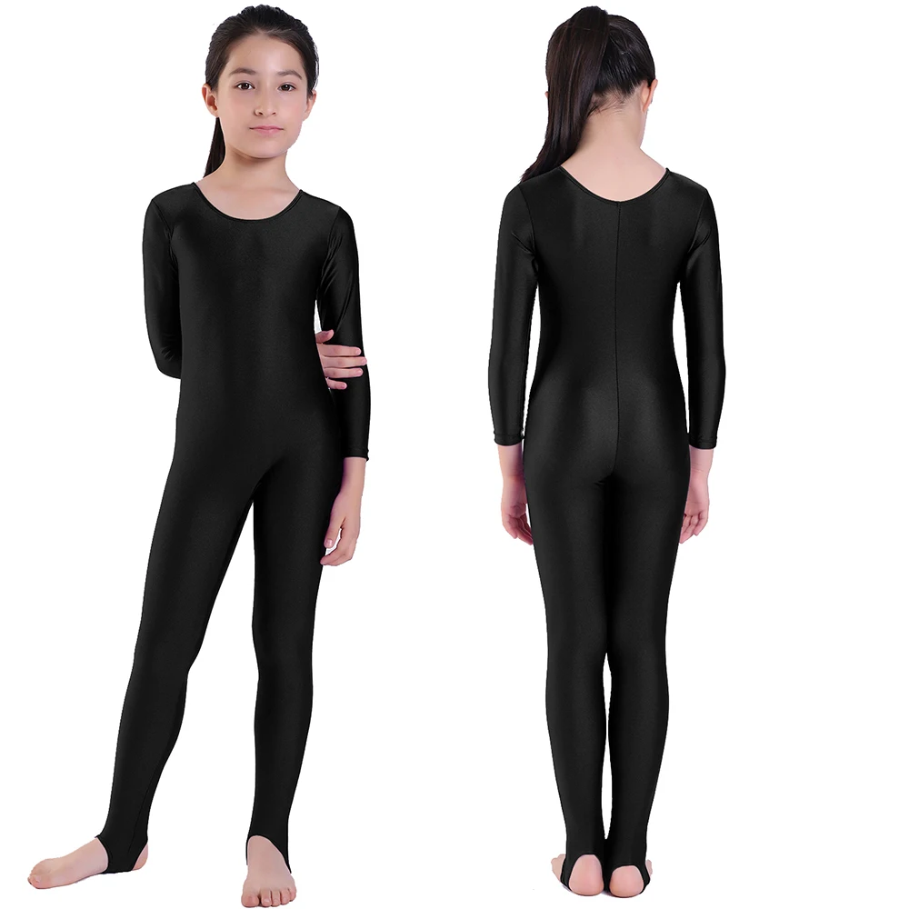 AOYLISEY Girls Dance Gymnastics Long Sleeve Bodysuit for Kids Jumpsuits Stirrup Show Stage Costumes Zentai Childrens Unitards