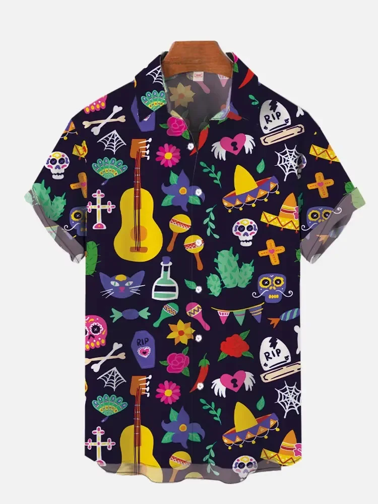2026 Fun Colored Skull Figurine Print Men's Niche Personality Thin Style Loose Collar Travel Party Versatile Top