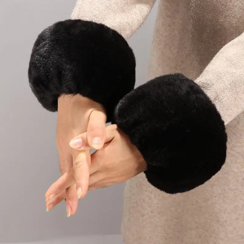 1pair Women Thick Fur Cuffs Winter Soft Faux Fur Plush Cuff Windproof Gloves Hand Wrist Warmer Cuff Clothing Accesories