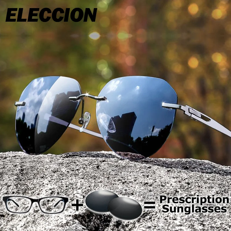 Eleccion Brand Polarized Sunglasse Men Rimless Dark Lenses UV400 Personalize Prescription Myopia Progressive Lenses Sunglasses