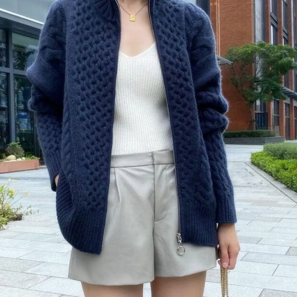 

Women's Heavy Thickened Cashmere Knitted Cardigan Turtleneck Zipper Sweater Wool Knitted Jacket for Autumn Winter