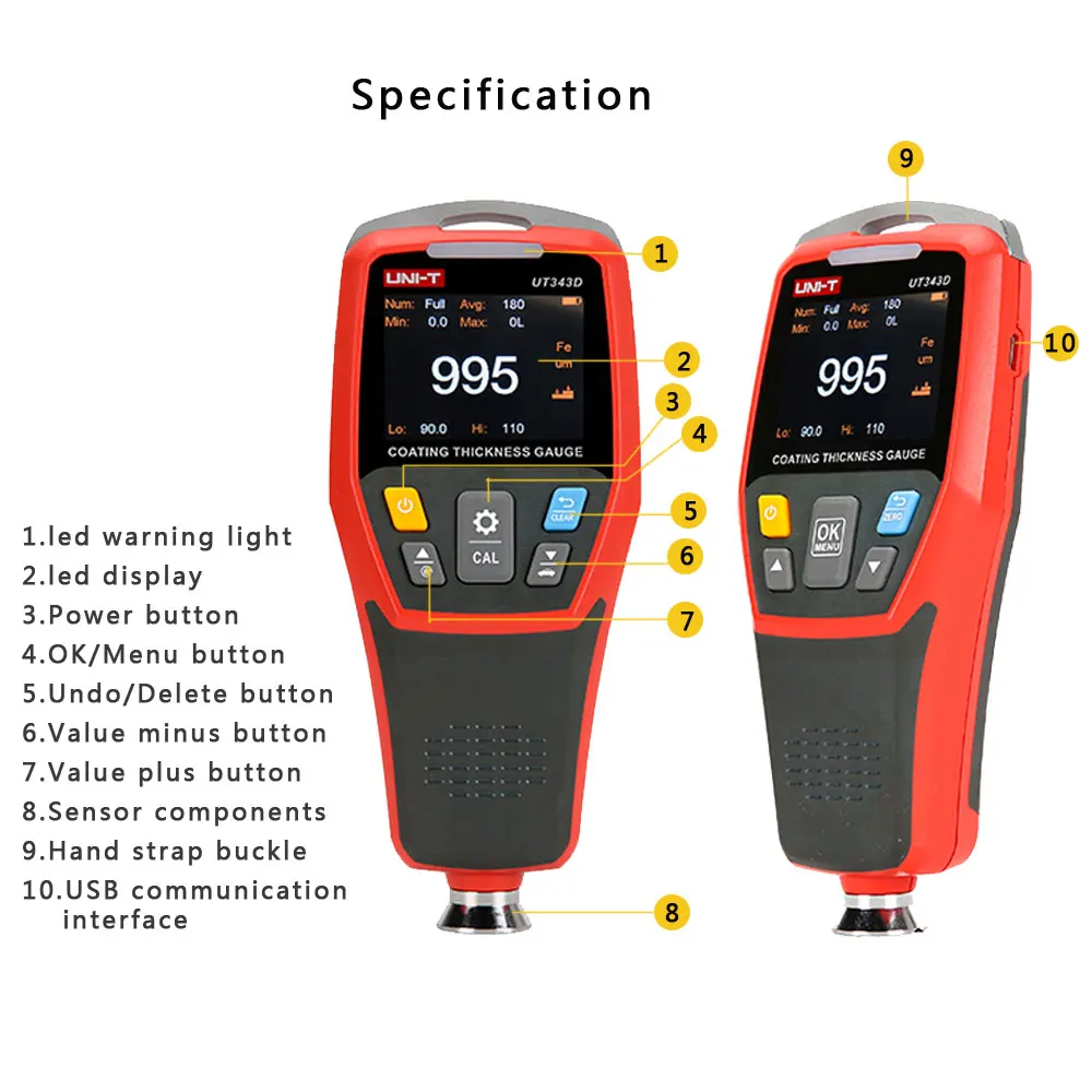 UNI-T UT343D Paint Thickness Gauge Coating FE/NFE Auto Recognition USB Data Storage Car Automotive Paint Metal Tester Meter