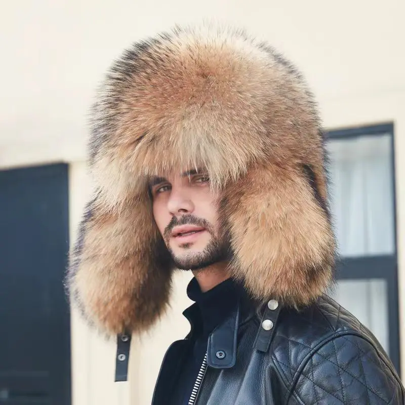 

Real fur 100% Fox Skin Russian Businessmen Pilot Bombers Full Mao Men's hat Winter Ear Guard Hat Raccoon Fur Beanie hat