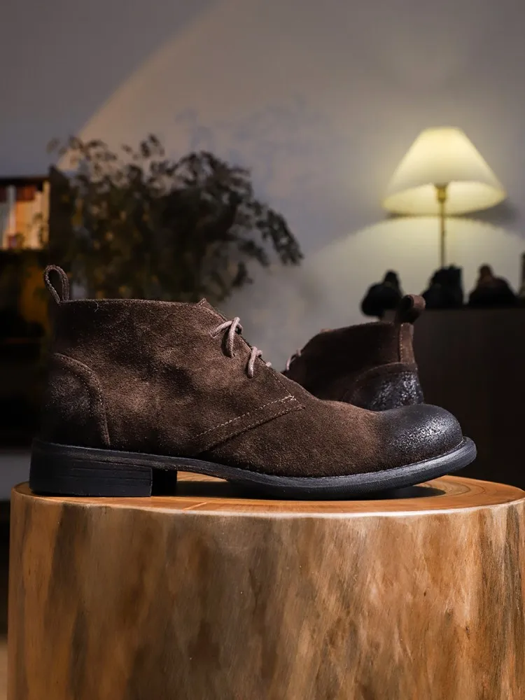 Modne, uniwersalne męskie sznurowane botki ze skóry bydlęcej z blokami kolorów, okrągłym noskiem, wytrzymałe, ręcznie robione, na platformie, do pracy i na co dzień.