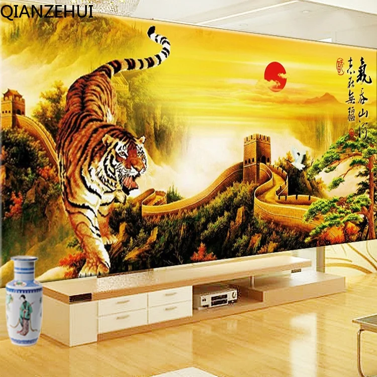 DIY full Diamond Embroidery,Round Diamond Tiger Downhill Welcoming Guests Pine Great Wall decoration rhinestone Diamond painting