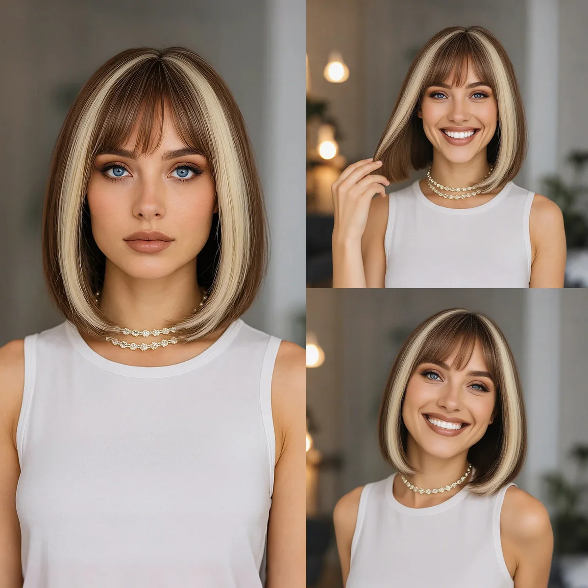 Peruca curta bob com franja 12 Polegada peruca de cabelo curto e reto para mulheres marrom preto perucas sintéticas para mulheres cosplay diário dia das bruxas