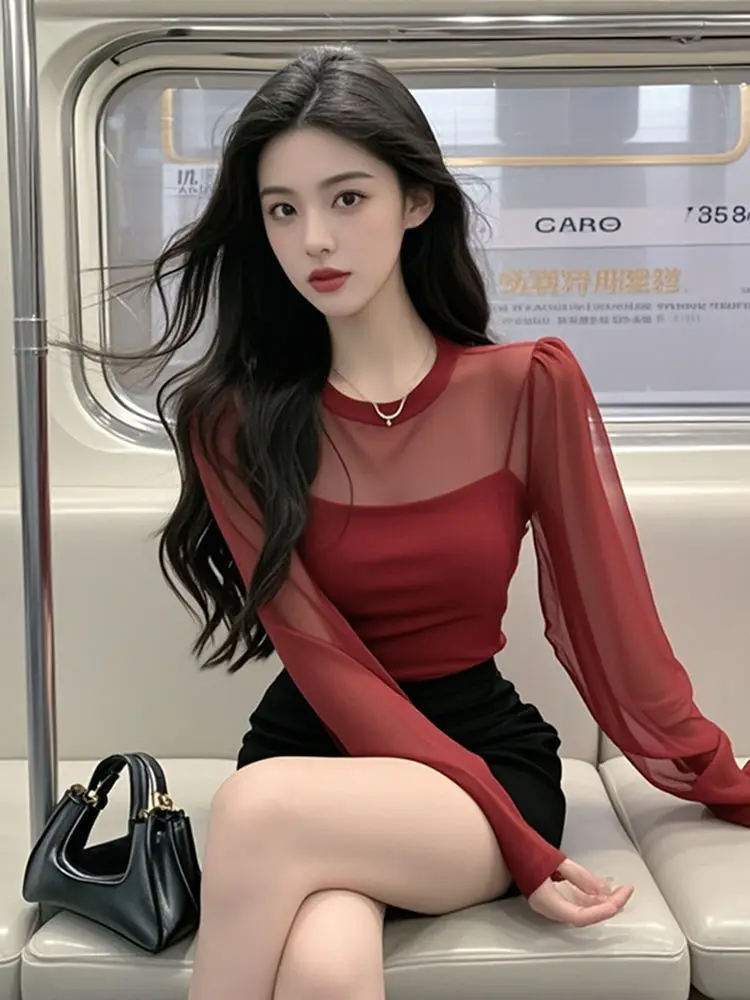 

Women Spring Summer Fashion Office Lady Net Yarn O-neck Long Sleeve T-Shirt Ladies Sexy Trend All-match Casual Solid Color Tops