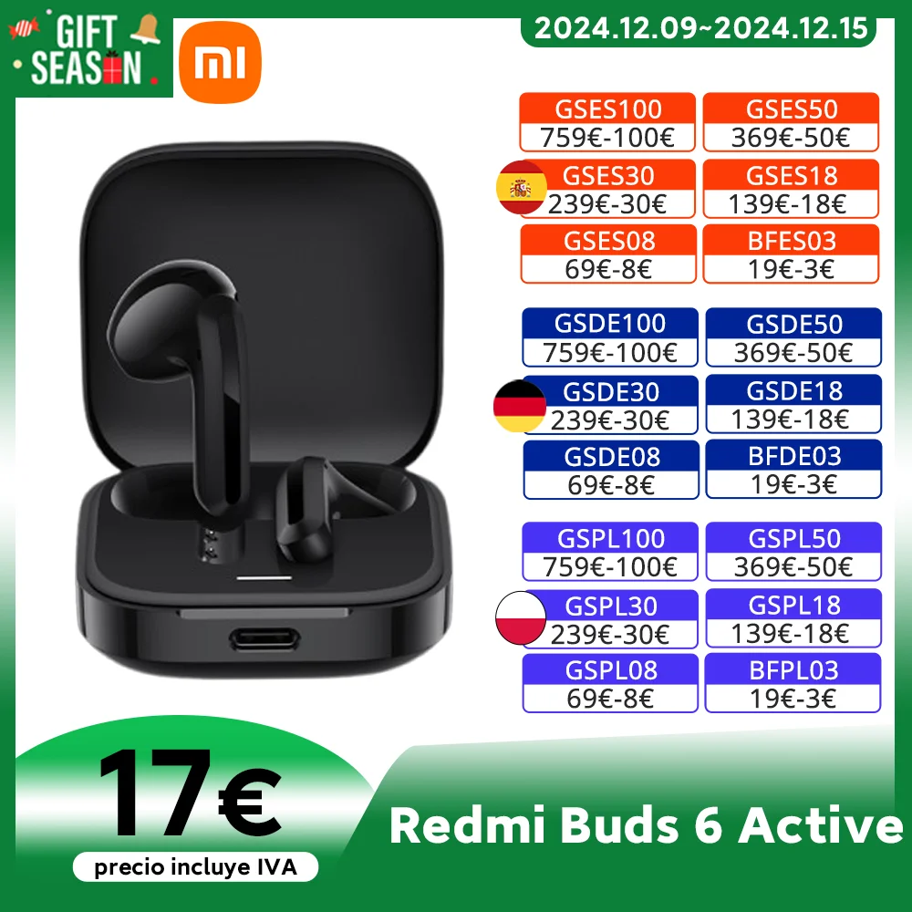 Global Version Xiaomi Redmi Buds 6 Active Earphone Up to 30 Hours Battery Life Noise Cancellation Large 14.2mm Dynamic Driver