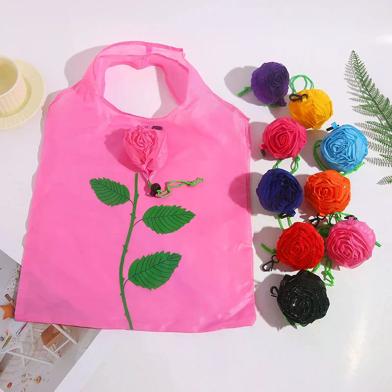 Rose Flower Shopping Bags Portable Storage Organizers Polyester Cloth Eco Large Capacity Women's Bag Travel Foldable Handbag