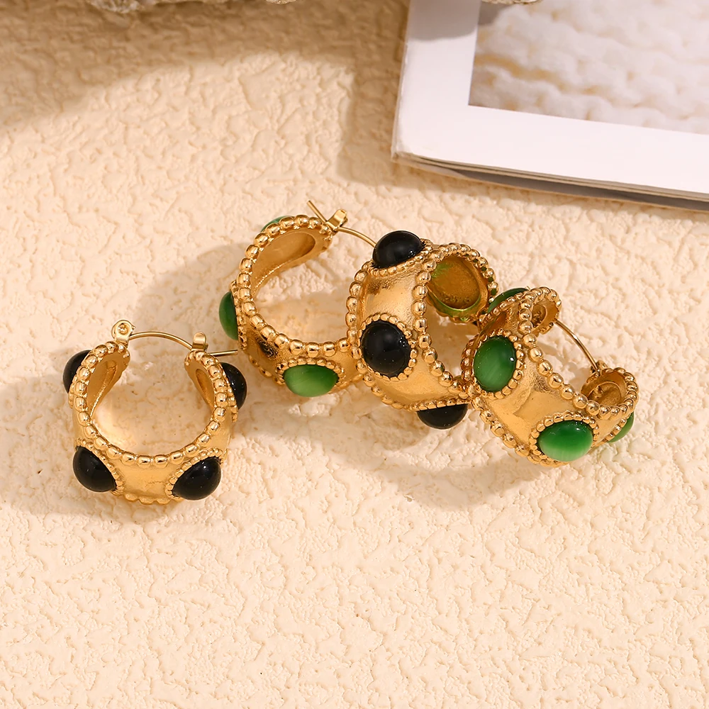 E.B.belle Vintage Green Black Agate Flower Basket Hoops Stainless steel jewelry woman aesthetic earrings waterproof jewelry