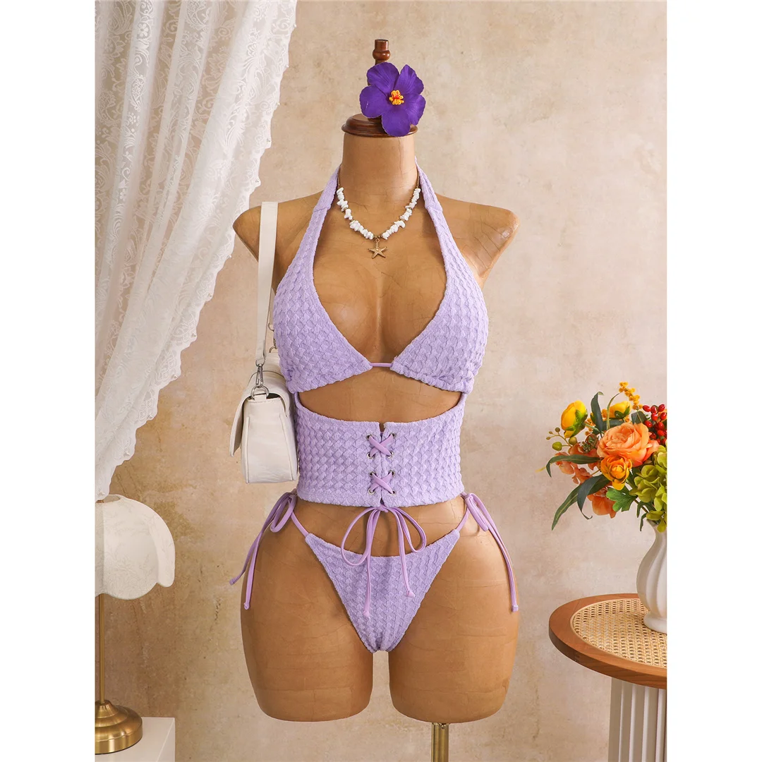 Tankini mit Schnürung, Neckholder-Bikini, Damen-Badeanzug, zweiteiliges Bikini-Set, Badeanzug mit hohem Beinausschnitt, Badebekleidung, Schwimmanzug V8340 – Detail 5