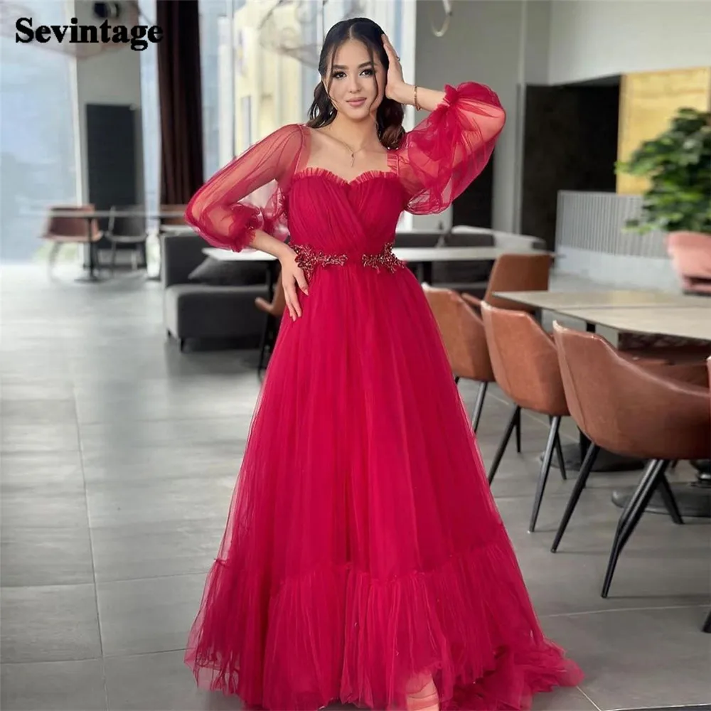 

Sevintage Elegant Red Prom Dress A-Line Tulle Off The Shoulder Belt Ruched Floor Length Formal Evening Dresses Women Party Gown