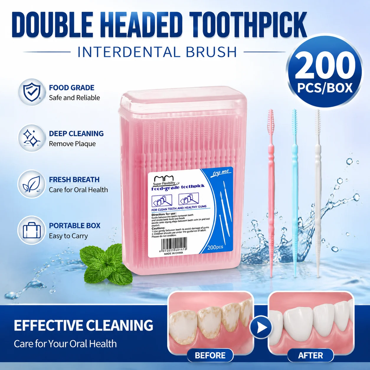 Palitos de Dente Descartáveis em Caixa Familiar, Portáteis, Ultra Finos, Dupla Ponta, de Alta Qualidade, Criativos, para Frutas, 200 Peças