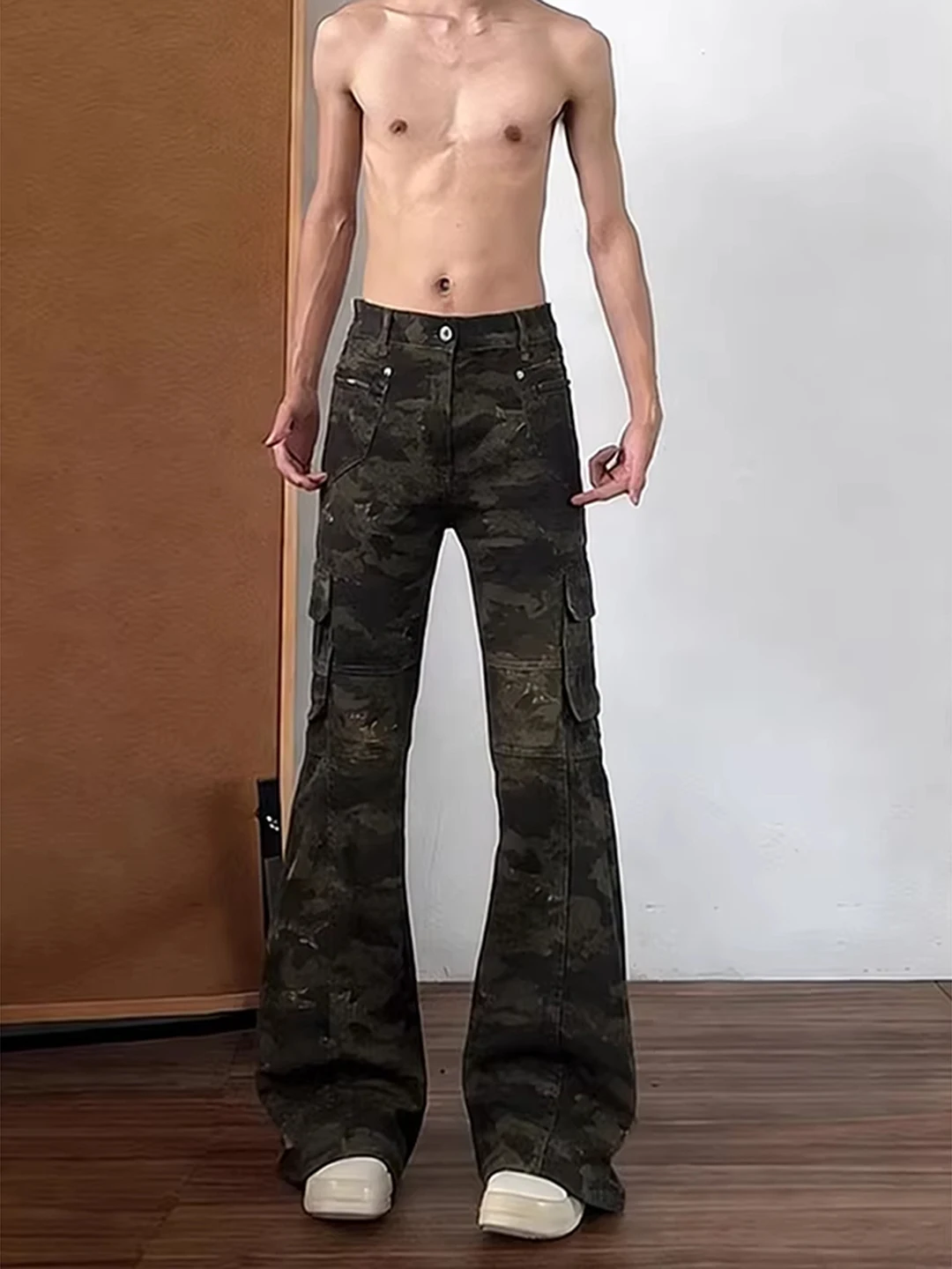 

American High Street Vibe Camouflage Fleece Lined Straight Leg Men's Jeans Slimming Bootcut Retro Workwear Trousers
