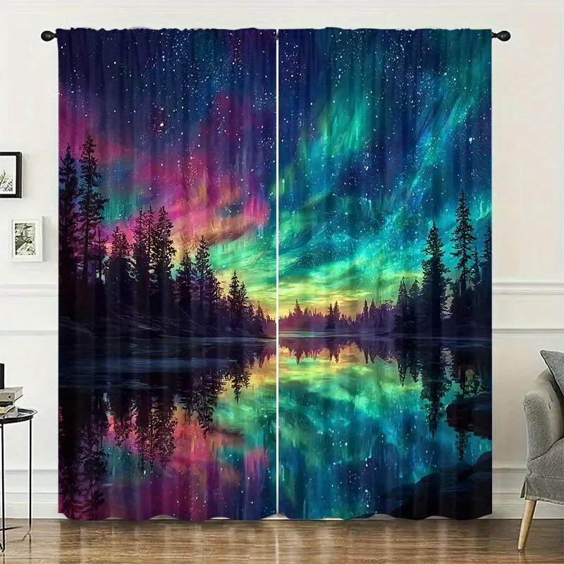 Lake Forest Aurora Night Sky Design Curtains, installed using pocket rod system, suitable for bedrooms, living rooms, balconies