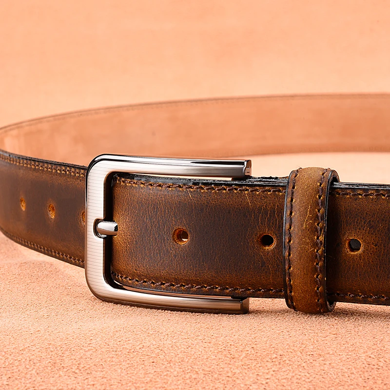 Luxury Men Vintage Cowhide Belt High Quality Male Fashion 100% Genuine Leather Waist Belt Alloy Buckle Tip Grain Leather Strap