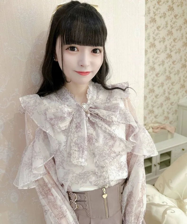 

Cute Sweet Knot Print Shirt Japanese Style Mass Production Loose Fit Polyester Fiber Lantern Sleeve V-neck Breathable