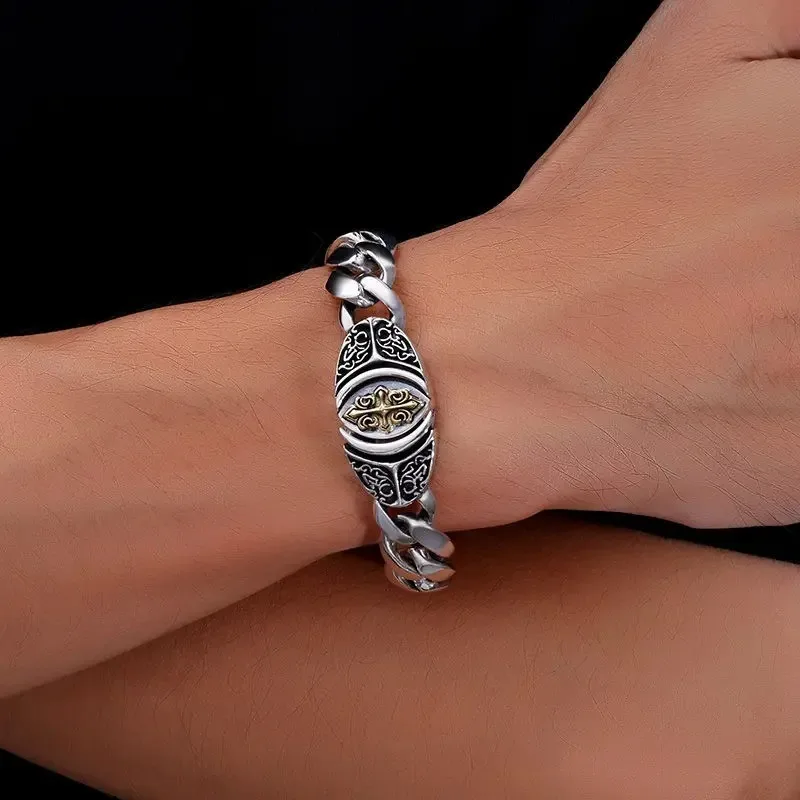 Mens Cuban Link Bracelet - Wide Hip Hop Chain with Cross Design, Vintage Gold Plated Jewelry