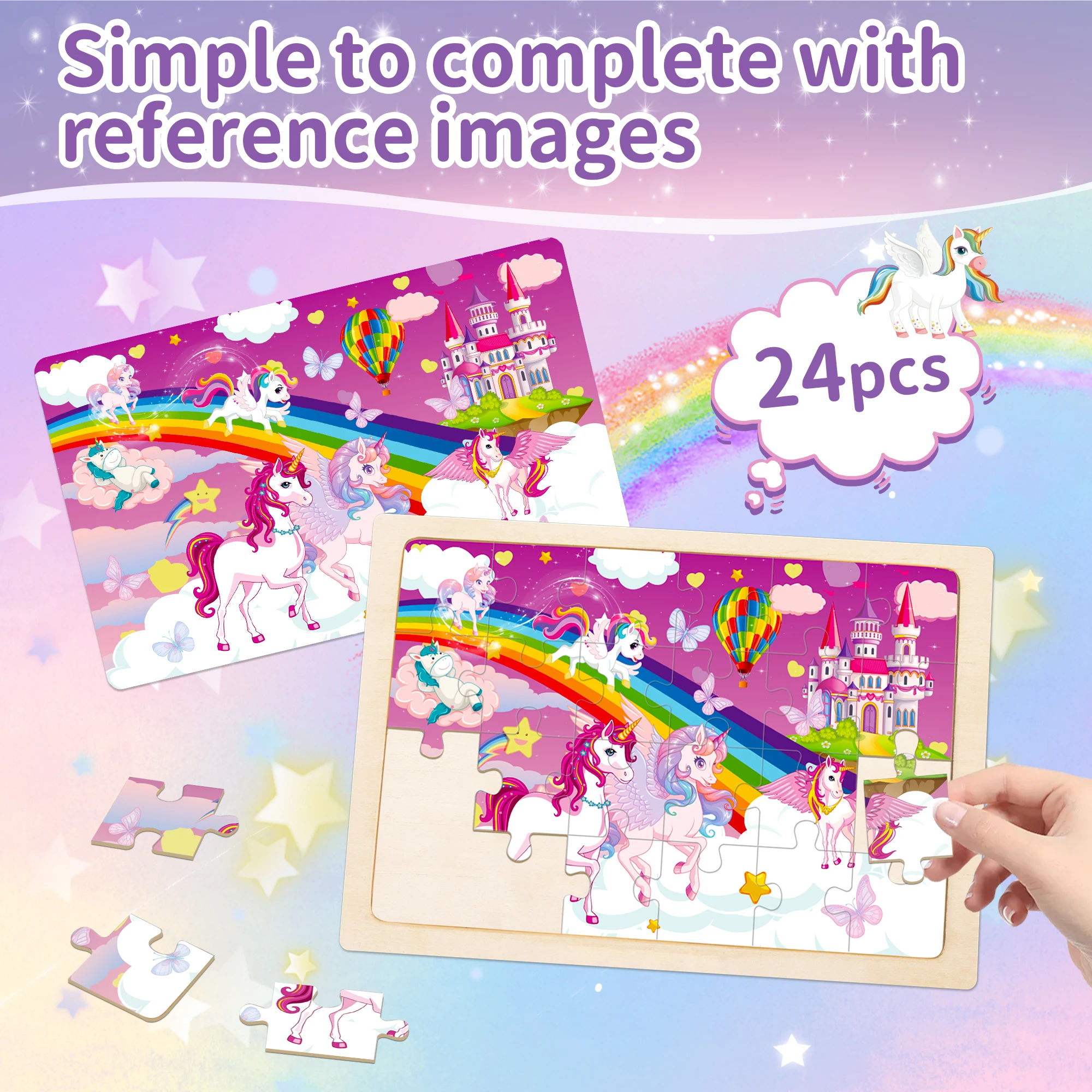 4 Zestawy Drewnianych Puzzle Edukacyjnych dla Dzieci w Wieku Przedszkolnym z Motywem Jednorożca i Księżniczki, Prezent dla Dziewczynek i Chłopców w Wieku 3, 4, 5, 6 Lat