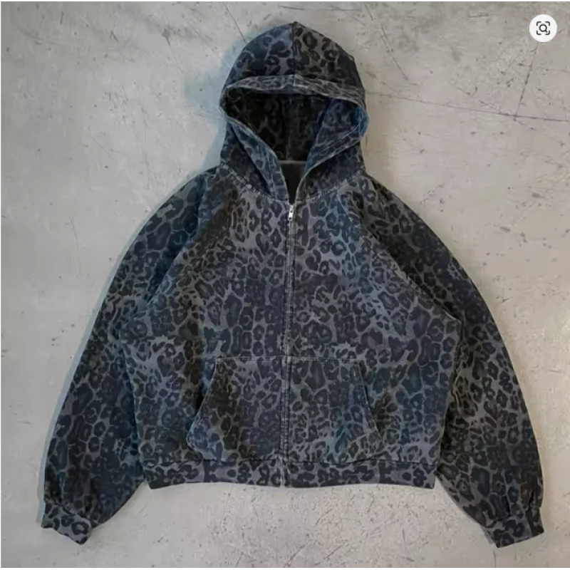 2025 Autumn/Winter Street Fashion European and American Warm Harajuku New Leopard Pattern Dark Design Zipper Hoodie